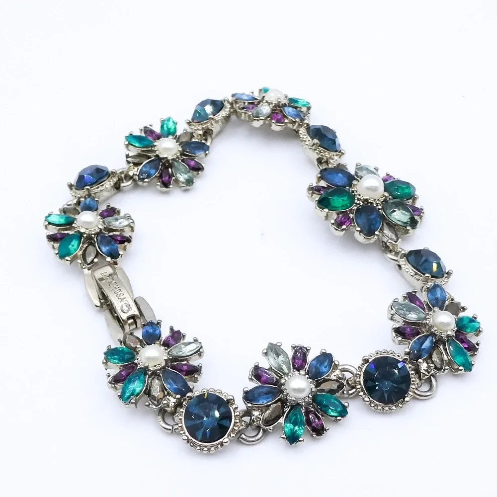 Marchesa Flower Blue Green Crystal Rhinestone Faux Pearl Gold Tone 7.5